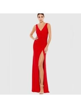 Ieena for Mac Duggal 55703 Elegant Red Sleeveless Evening Gown with Side Slit